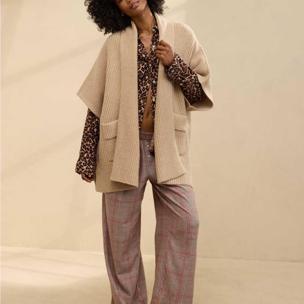 Aerie Shawl Collar Sweater Cape Beige Knit Oversized Poncho